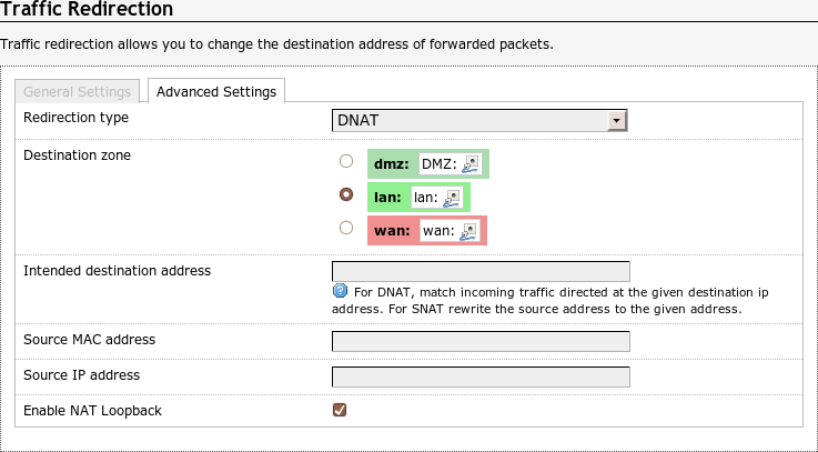 Webinterface: Network -> Firewall->Redirect->Advanced