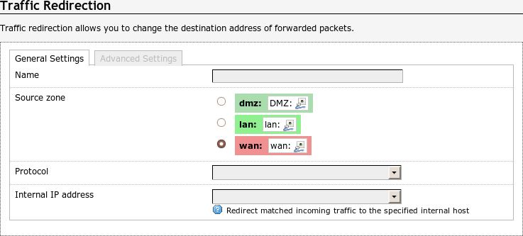 Webinterface: Network -> Firewall->Redirect->General